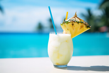 Pina Colada cocktail on beautiful tropical scenery background. Generative AI illustration