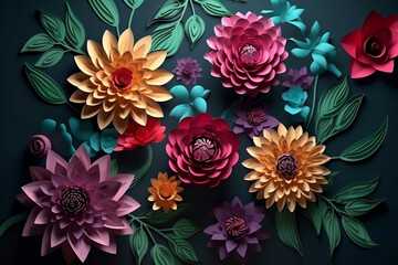 Fototapeta na wymiar Colorful paper cut flowers on a dark background, 3D digital illustration, holiday floral background, quilling, handmade holiday decoration, Generative AI
