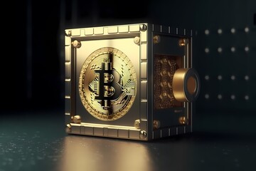 Cryptocurrency securing: The Symbolic Significance of Gold Safe Deposit with Bitcoin Logo in the Virtual Blockchain Space. Generative Ai.