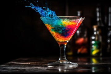 Alcoholic cocktail with colorful splash on black background. Colored alcohol party glass splashing. Ai generated