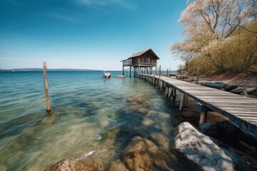 Traditional Japanese pavilion on a wooden pier over a serene turquoise sea, under a bright blue sky
