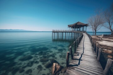 Fototapeta premium Traditional Japanese pavilion on a wooden pier over a serene turquoise sea, under a bright blue sky