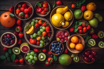 Fototapeta na wymiar Colorful flat lay of fresh fruits and vegetables on a wooden background. Oranges, strawberries, kiwi, blueberries, and cherry tomatoes. Generative ai.