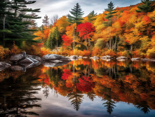A Serene Lake Amidst Vibrant Fall Foliage in the White Mountains - generative AI