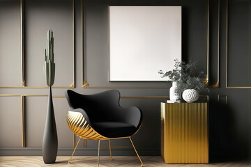 Frame mockup in an elegant black art deco interior with gold decor. Generative AI illustration