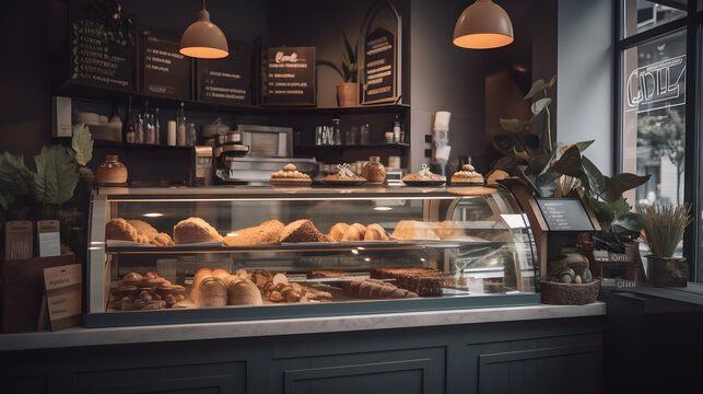 coffee shop with a salad bar and a bakery, modern decor, professional colour grading, soft shadows, clean sharp focus, no contrast, detailed features, cinematic lighting, advert photography