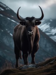 A bull with big horns stands on a mountain