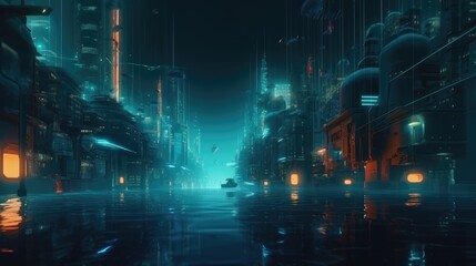 A bustling water cityscape with neon lights