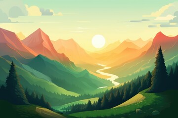 A cartoon image of a green mountain landscape