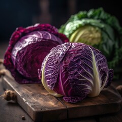 A close up of a green and red cabbage on a table