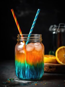 A colorful drink with a blue and orange striped straw