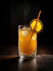 A glass of orange cocktail with a straw and a lemon