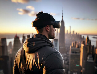 A man wearing a vr headset stands in front of a city
