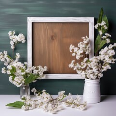A wooden frame with white flowers and a board