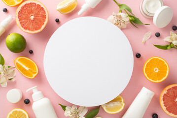 Creative and stylish summer skincare with fruity splash. Top view flat lay of cream bottles, jars, serum, pipette with grapefruit, lemon, lime flower on pastel pink background. Empty circle for text