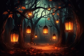 Abstract lighting lamps in the forest Halloween party