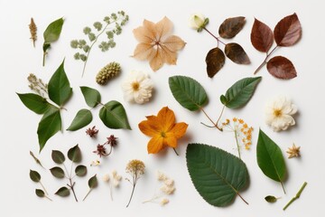 Assortment of leaves and flowers on white background