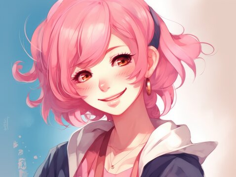 Anime girl with pink hair and a smile