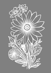 white graphic contour drawing of a bouquet of flowers on a gray background, design