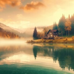 Fototapeta premium Cottage near large lake in forest area