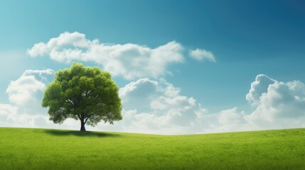 Fototapeta na wymiar Green field tree and blue sky generative ai