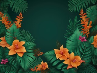 Fototapeta na wymiar Green background with a tropical leaves and flowers
