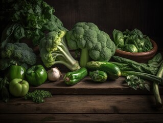 Green vegetables on a wooden table