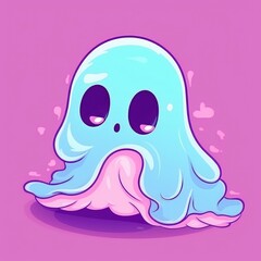 Pink cute ghost character on bright blue background