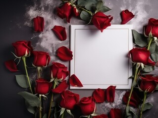 Red roses frame with a blank white paper