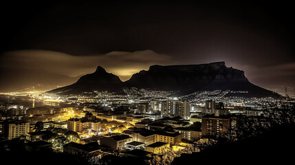 Naklejka premium A night view of the skyline of Cape Town, South Africa, with Table Mountain in the background - generative AI