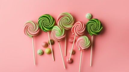 Pink and green lollipops on a pink background