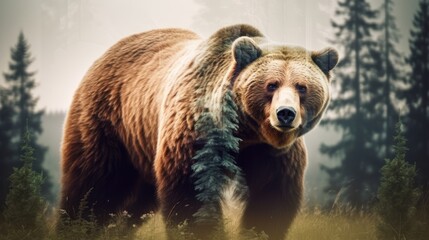 Fototapeta premium Wondrous brown grizzly bear in double exposure