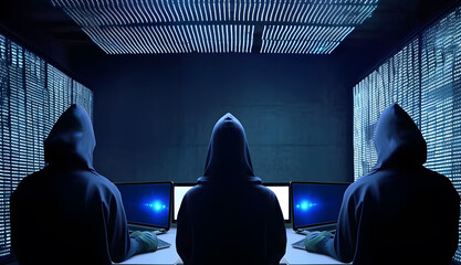 Hackers without face. Concept of hacker group, organization or association. - obrazy, fototapety, plakaty