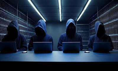 Hackers without face. Concept of hacker group, organization or association. - obrazy, fototapety, plakaty