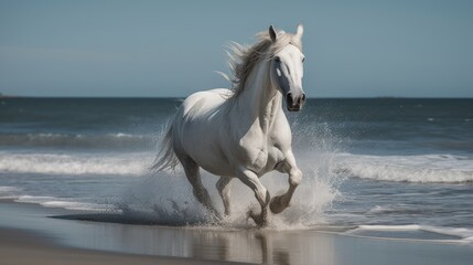 White horse runs on the beach, water with splashes
