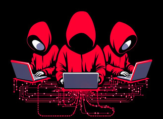 Three hackers without face. Concept of red hat, hacker group, organization or association.