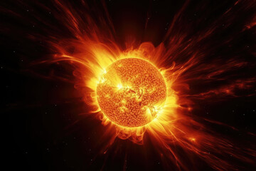Surface of sun with prominences, solar radiation. Solar plasma flames. Sun star in space. Created with Generative AI