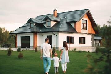 Fototapeta na wymiar Man and woman dream of buying new house. Happy family stands in front of their new home. Real estate purchasing. Created with Generative AI
