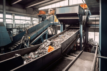 Recycling plant. Conveyor belt with pile of waste. Sorting garbage factory. Created with Generative AI