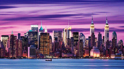 Obraz premium New York City Skyline at Dusk: A Beautiful Pink Sky - generative AI