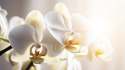 Fototapeta na wymiar Orchidee vor weissem Hintergrund mit Sonnenstrahlen, generative KI