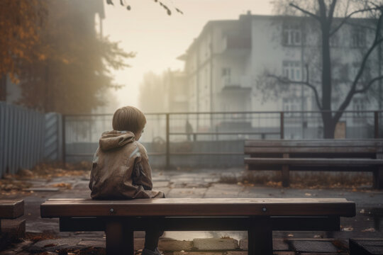 a boy is sitting alone on a bench with his back turned, at sunset in a lonely park. generative ai. concept of loneliness. illustration.