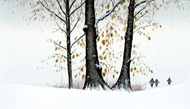 AI-generated watercolor illustration of a beautiful snowy landscape. MidJourney.