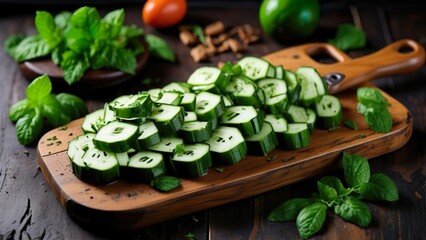 A juicy cucumber cut into slices, placed on a wooden cutting board with a knife and a bunch of mint leaves