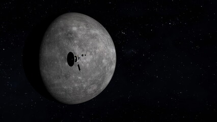 Space probe Approaching Planet Mercury. 3D Rendering