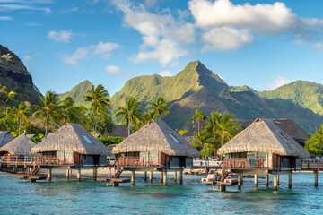 French Polynesia, Moorea. Overwater bungalows. - obrazy, fototapety, plakaty