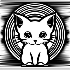 Cute sci-fi kitten logo in black and white, vector illustration of an alien cat