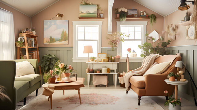 make a painting to match in a a cozy, whimsical cottagecore living room that transports you to a simpler time. Incorporate natural materials, soft colors, and vintage finds to create a space that feel