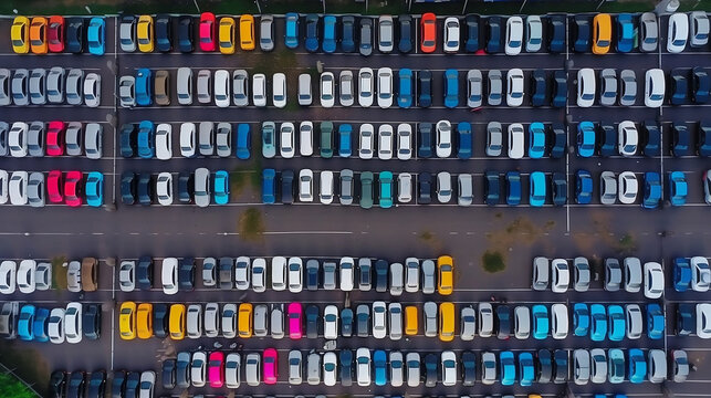 Aerial view of many colorful cars parked on parking. Generative AI.