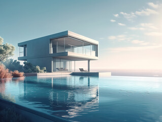Luxury residential minimalist villa with pool and ocean on horizon. Postproducted generative AI illustration.